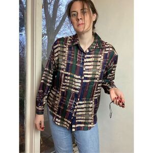 Vintage Early 90s 100% Silk Print Button Down Top Blouse Size M